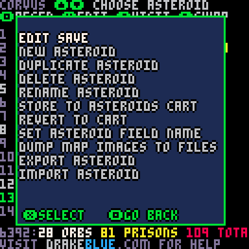 Screen grab of the menu available in Asteroid Select View